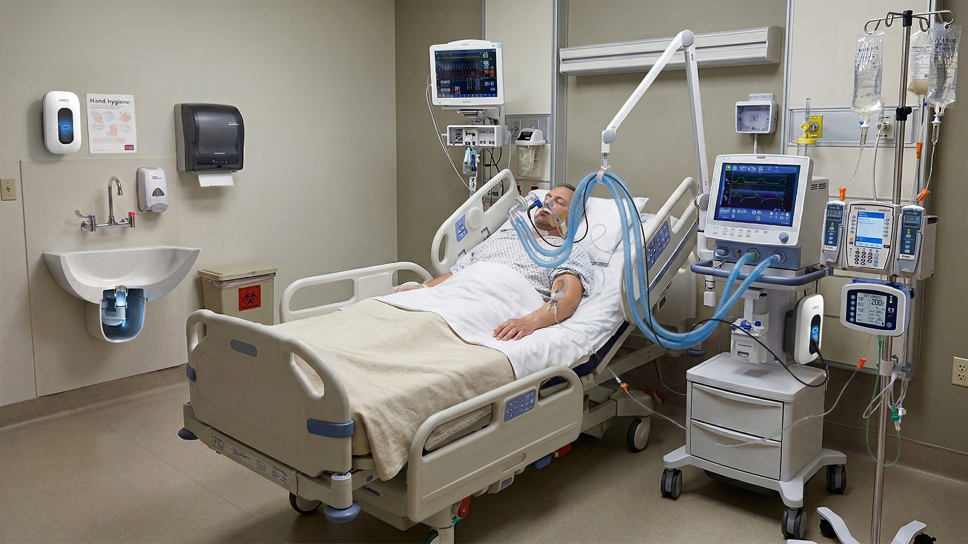 Man in a hospital bed with Lindo equipment